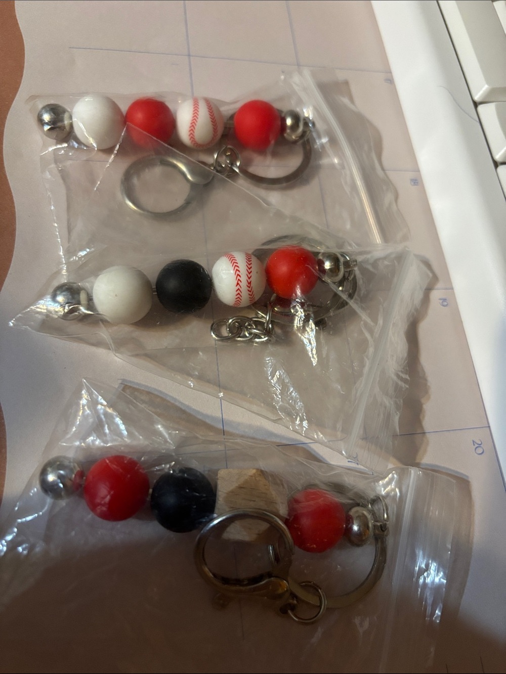 Baseball Bead Keychains - Red, White & Black 3 keychains baseball